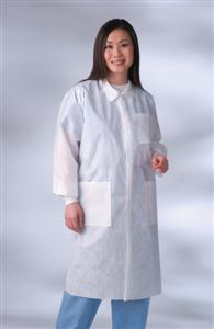 Disposable Lab Coat w/ Knit Cuff w/ Traditional Collar, White, Medium