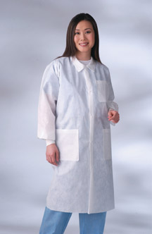 Disposable Lab Coat w/ Knit Cuff w/ Traditional Collar, White, Small